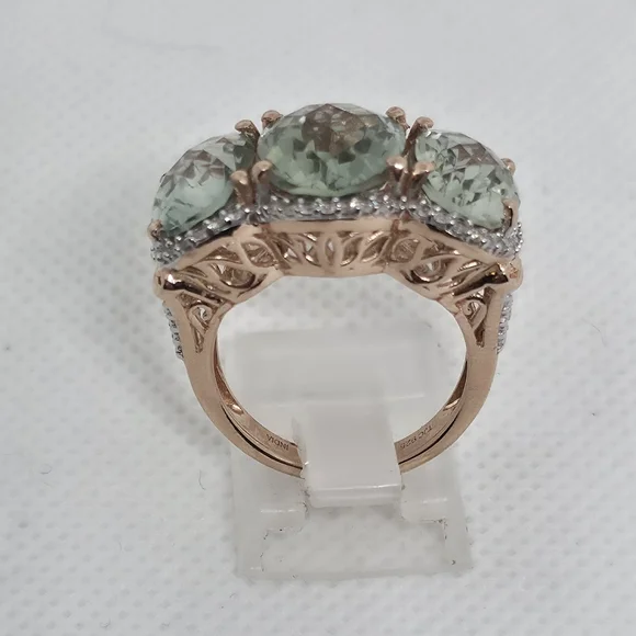 NWOT! Designer 3 Stone Prasiolite (Green Amethyst) Vermeil Rose Gold &925  Ring - Picture 5 of 10